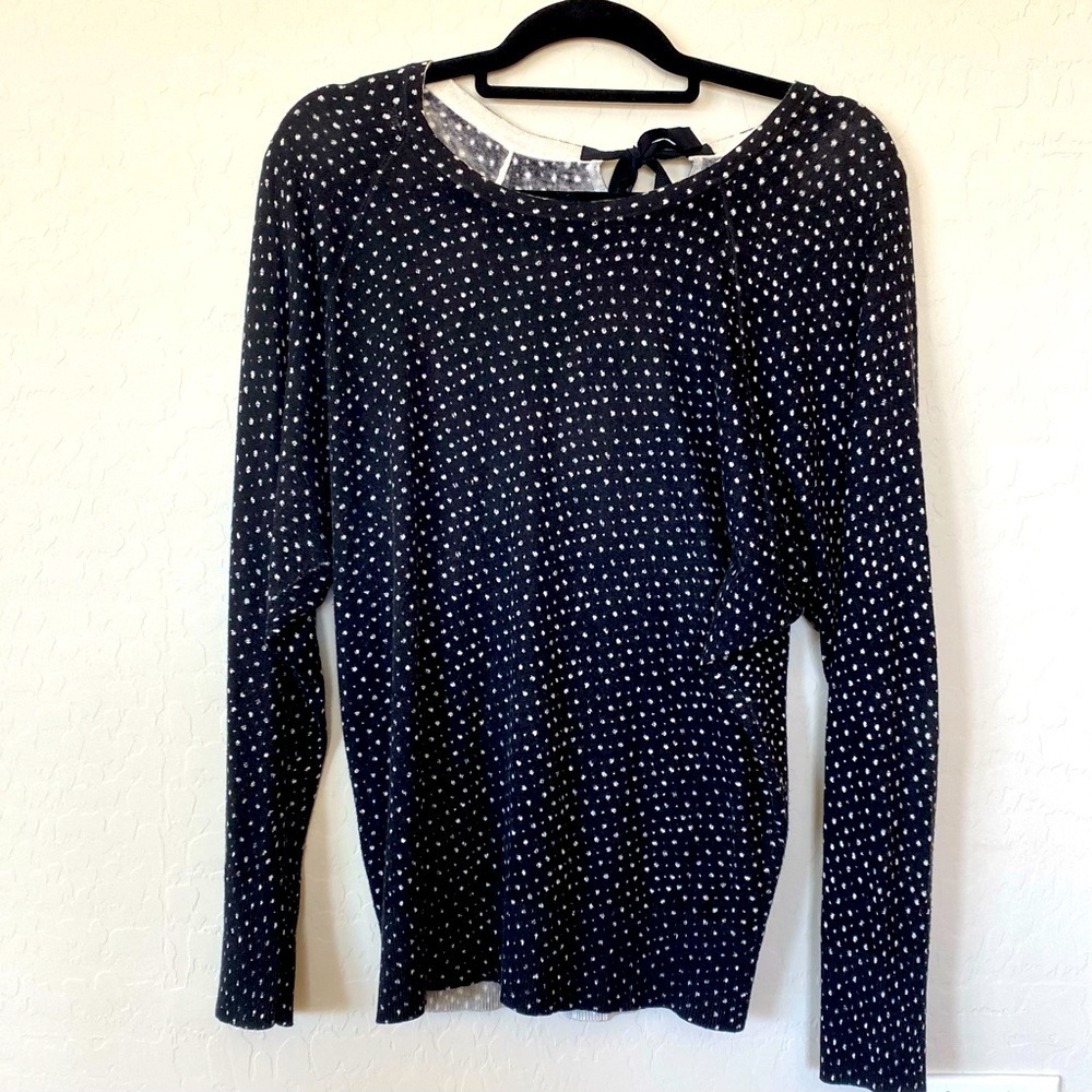 Ann Taylor LOFT black with white polka dots long sleeve sweater bow tie …